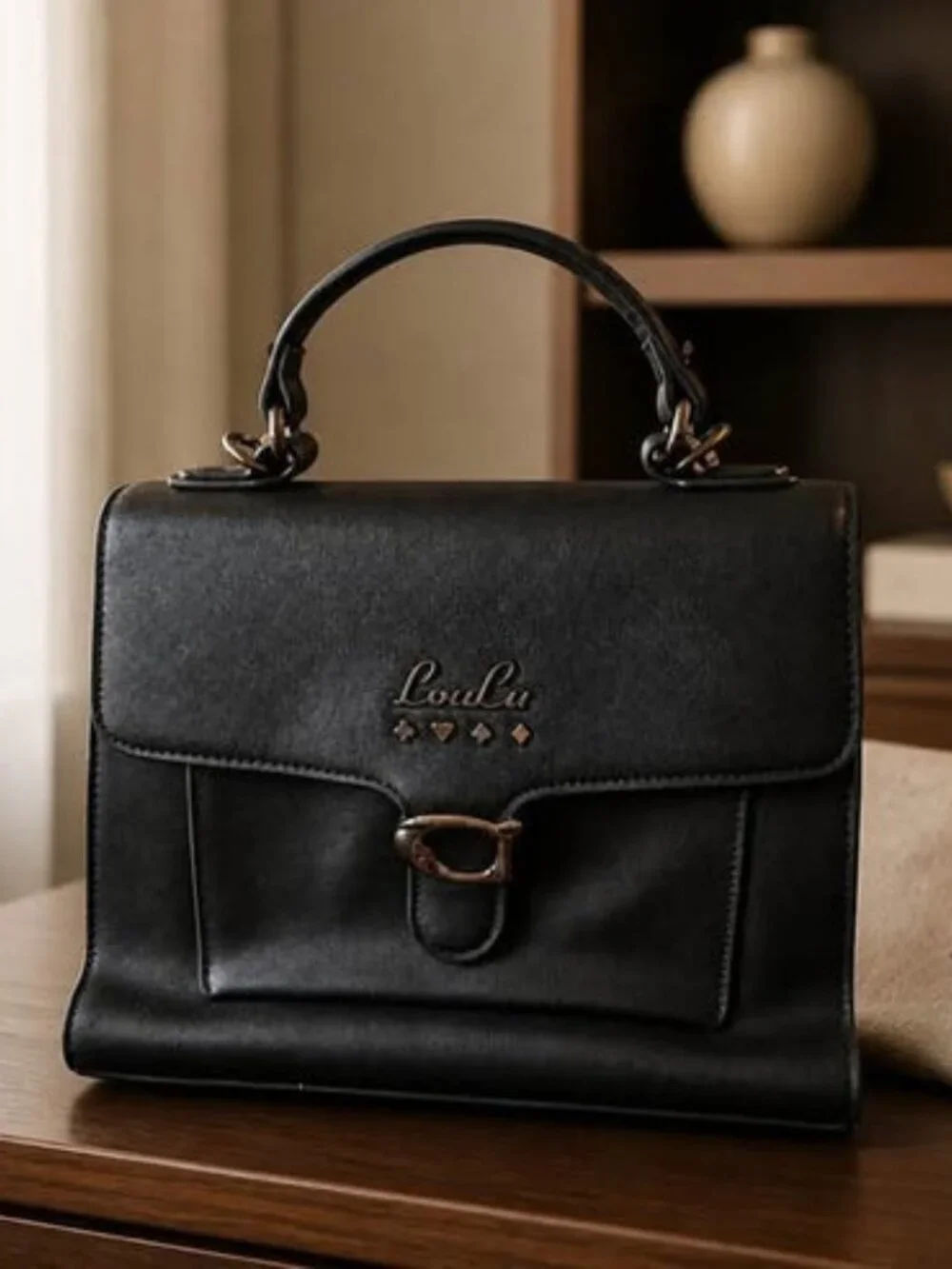 LouLu Black Satchel Handbag Crossbody Shoulder Bag Faux Leather